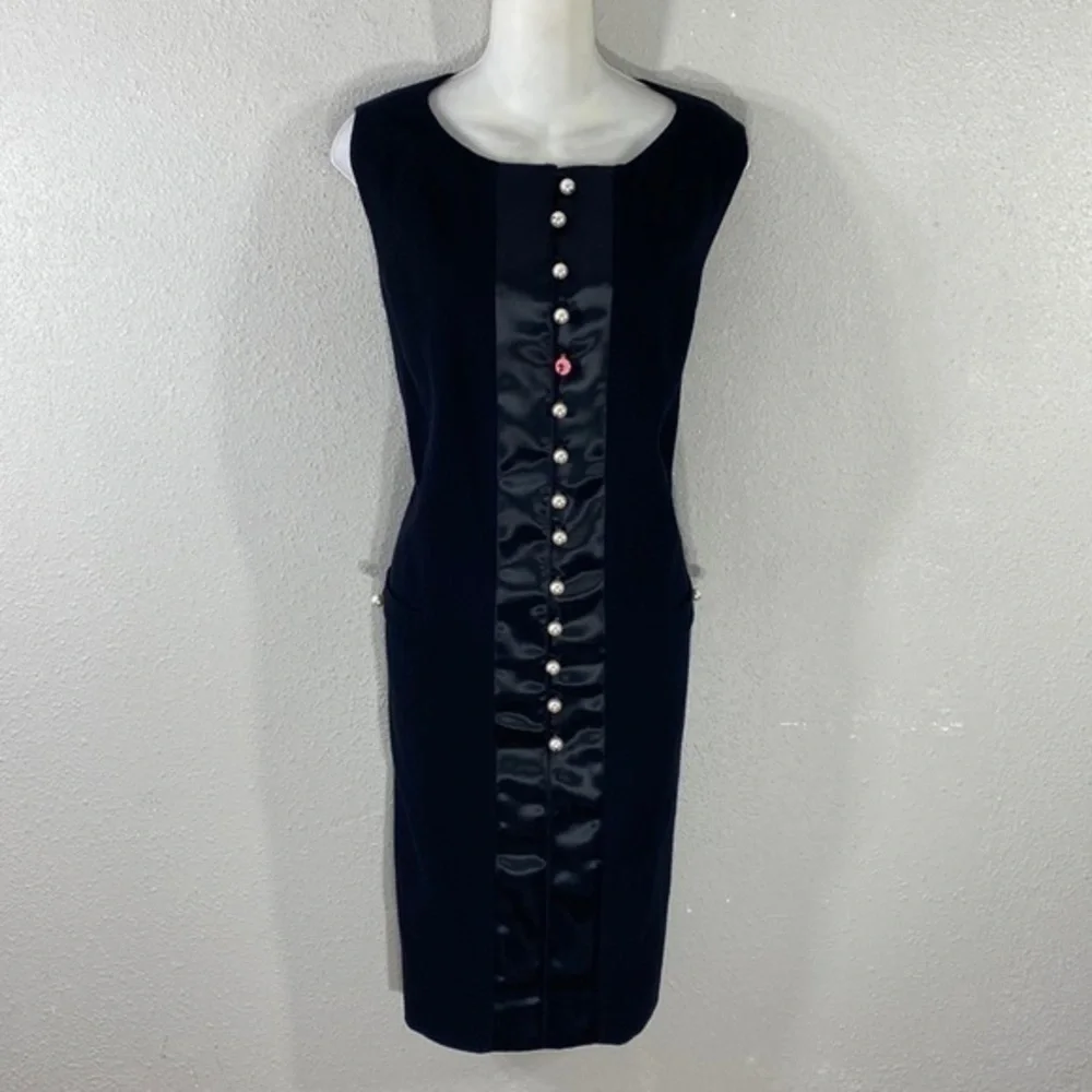 Edward Achour Paris Black Wool Silk Faux Pearl Button Shift Dress 14 W8